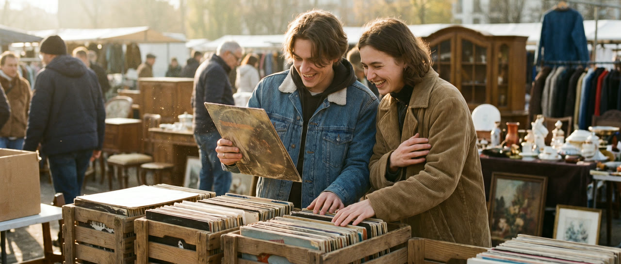 Paar stöbert auf dem Flohmarkt nach Schallplatten