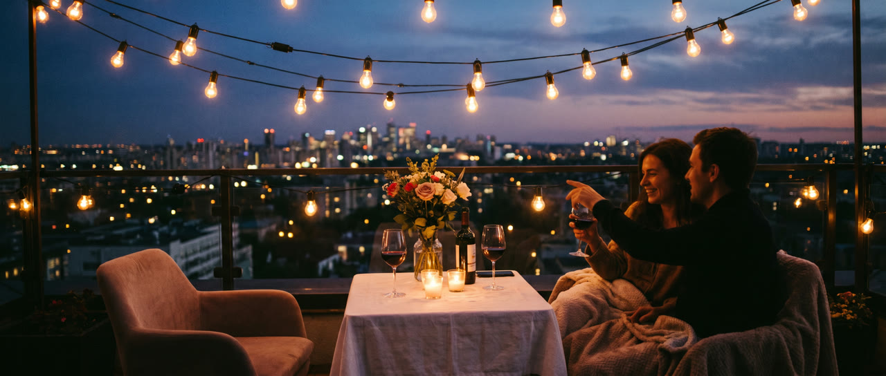 Privates Rooftop-Dinner zu zweit mit Lichterketten