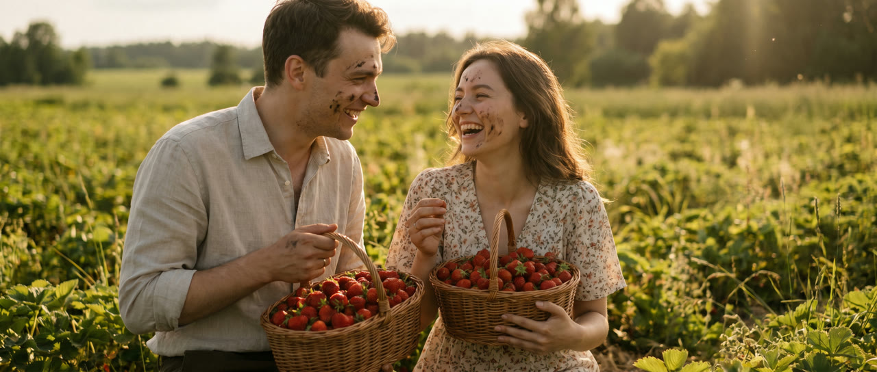 Paar pflückt gemeinsam Erdbeeren im sonnigen Feld