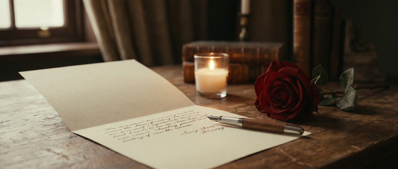 Handgeschriebener Liebesbrief mit Füller und Rose